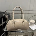 Beige high-gloss bowling bag with long dual handles and silver square metal hardware - Khaki (No Pendant)