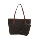 Classic checkered tote bag set with matching inner pouch and brown leather handles - Black