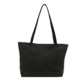 Minimalist black straw woven tote bag with smooth leather base and long shoulder straps - Black