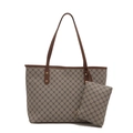 Classic dark brown monogram tote bag set with matching pouch and gold hardware accents - Gray