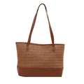 Große geflochtene Stroh-Shopper-Tasche mit braunen PU-Lederriemen für den Sommerstrand - Braun