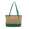 Straw tote bag in green leather contrast trim with woven V-pattern for beach travel - Green
