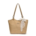 Minimalistische gewebte Stroh-Shopper-Tasche mit braunem Lederriemen und Spitzenakzent - Khaki