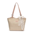 Stroh-Shopper in Hellbeige mit rosa Lederriemen und weißer Spitzenschleife - Rosa