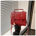 Macro detail of red vintage crossbody bag with gold round metal buckles and leather texture - Red