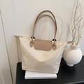 Large capacity nylon tote bag in cream and brown with leather handles and gold snap - White