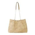 Large beige soft leather tote bag with vertical texture and golden chain strap for daily use - Khaki