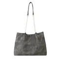 Retro grey soft leather tote bag with gold chain straps and large capacity for women - Gray
