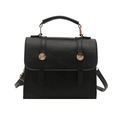 Minimalist black vintage leather handbag with golden buckle and crossbody strap for women - Black