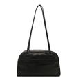 Minimalist black leather bowling bag with slim shoulder straps shown on white background - Black