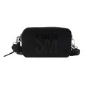 Borsa fotografica minimalista in pelle nera con rilievo SM e tracolla larga in tessuto - Nero