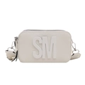 White leather camera bag with wide strap and embossed SM logo in minimalist style - White
