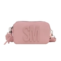 Pink faux leather crossbody camera bag with embossed SM logo and wide shoulder strap - Pink