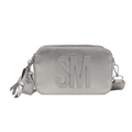 Metallic silver crossbody camera bag with wide strap and embossed SM lettering - Silver