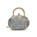 Sac de soirée en satin bleu clair avec broderie florale dorée et poignée effet serpent - Bleu