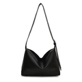 Minimalist black large capacity leather tote bag with adjustable shoulder strap and zipper - Black