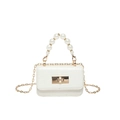 Sac à main blanc à motif crocodile avec poignée en perles et bandoulière dorée - Blanc