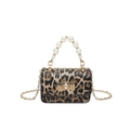 Mini leopard print crossbody bag with pearl handle and gold chain strap on white background - Leopard Style