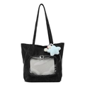 Black nylon tote bag with clear PVC front pocket and cute star plush pendant accessory - Bag / Black