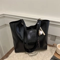 Minimalist black soft leather tote bag with unique baseball themed charm for daily commute - With Ornament / Black