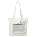 White large capacity PU leather tote bag with mesh pocket and star plush charm - Bag / White