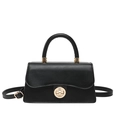 Minimalist black leather crossbody handbag with gold circular clasp and top handle - Black