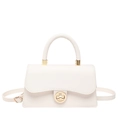 White minimalist square tote bag with gold circular twist lock and adjustable strap - White