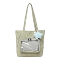Pastel green large capacity tote bag with transparent front pocket and star pendant - Bag / Green