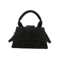 Minimalist black suede top handle crossbody handbag for women with metallic ring detail - Black