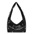 Sac hobo minimaliste en cuir verni noir avec clous sphériques argentés et bandoulière - Noir