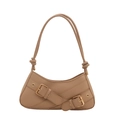 Minimalist beige baguette shoulder bag with decorative straps and gold metal buckles - Khaki