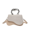 Bolso pequeño beige con asa de metal líquido plateado y solapa de tela con purpurina - Caqui