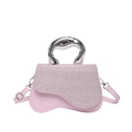 Pink crossbody bag with silver metallic curved handle and glitter flap detail for women - Pink