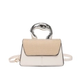Contrast stitching small square bag in beige leather with woven flap and silver handle - White