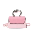 Pink leather handbag for women featuring a sculptural silver metal handle and shoulder strap - Pink