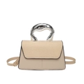 Contrast beige leather and straw small square bag with irregular silver metal handle - Khaki