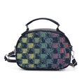 Chique geruite ronde crossbodytas met kleurrijke franje stof en donkerblauwe leren bies - Multicolor Patchwork Geruit / Kleurrijk