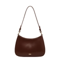 Minimalist dark brown leather underarm baguette bag with golden metal logo for women - Coffee