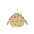 Fashionable round shoulder bag in bright yellow featuring stylish silver ball rivets - Gold