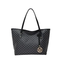 Large capacity shoulder tote bag with M-letter monogram pattern and gold metal pendant - Black