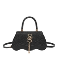 Bolso bandolera chic de lentejuelas negras con logo S dorado y detalle de flecos - Negro