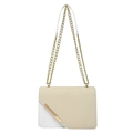 Borsa a tracolla chic in pelle bianca e tessuto beige con catena dorata e finitura - Bianco