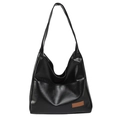 Minimalist black PU leather hobo tote bag with a single shoulder strap and front pocket - Black