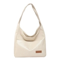 Minimalist cream white PU leather tote bag with a brown accent patch on white background - White