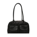 Minimalist black faux leather shoulder bag with double pockets and long handles for women - Black