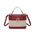 Bolso bandolera retro de cuero mate burdeos y lona crema con detalles dorados - Rojo