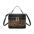 Retro leopard print handbag with black PU leather and gold double zippers in a frontal view - Leopard Print Black