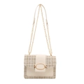 Cream white tweed crossbody bag with woven gold thread and chain strap detail - White