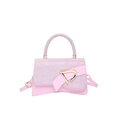 Roze patchwork schoudertas met lovertjes, rond handvat en goudkleurige D-ring gesp - Roze
