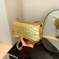 Golden crocodile texture shoulder bag with vintage bamboo style handle for women - Gold